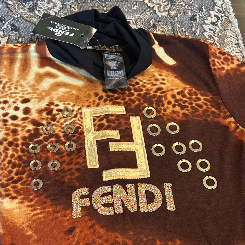 Fendi Jeans Brown and Gold Graphic Tee. NWT. Size S